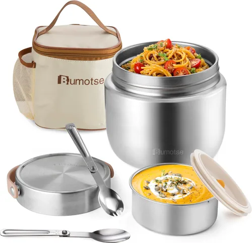 Vista 9 de Tarro de comida aislado de 40 onzas con 2 compartimentos, termo a prueba de fugas para comida caliente, boca ancha, acero inoxidable, incluye