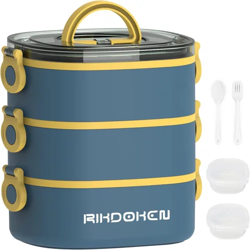 Vista 7 de RIKDOKEN Lonchera apilable de 3 capas, caja Bento portátil de 94 onzas de gran capacidad a prueba de fugas con cuchara, tenedor y cajas de salsa