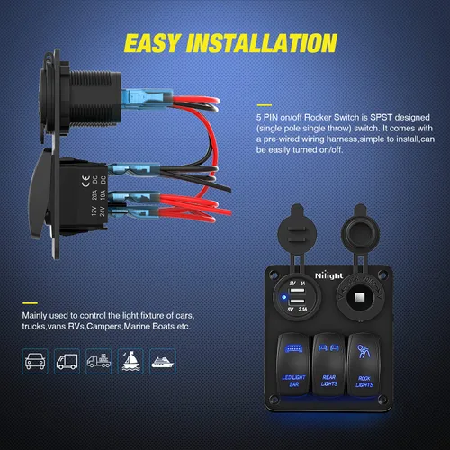 Vista 5 de Nilight Panel de Interruptor Basculante de 3 Posiciones con Cargador USB y Encendedor de Cigarrillos 12V 24V Barra de Luz LED Toggle Luces Traseras