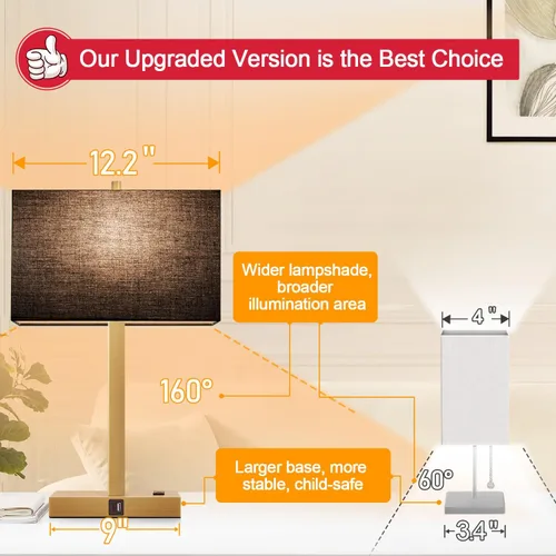 Vista 3 de Lynnoland Juego de 2 lámparas de noche de 21 pulgadas con tomas USB A+C y CA, control táctil, regulables de 3 vías, para dormitorio, sala de estar