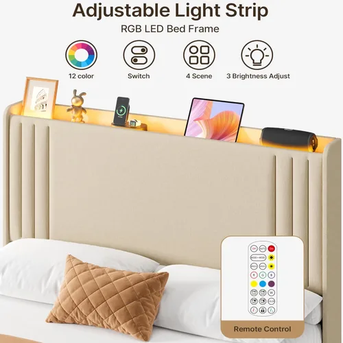 Vista 68 de Gizoon Base de cama matrimonial con cabecera de ala, plataforma tapizada con cabecera geométrica moderna, listones de madera, sin ruido, no necesita