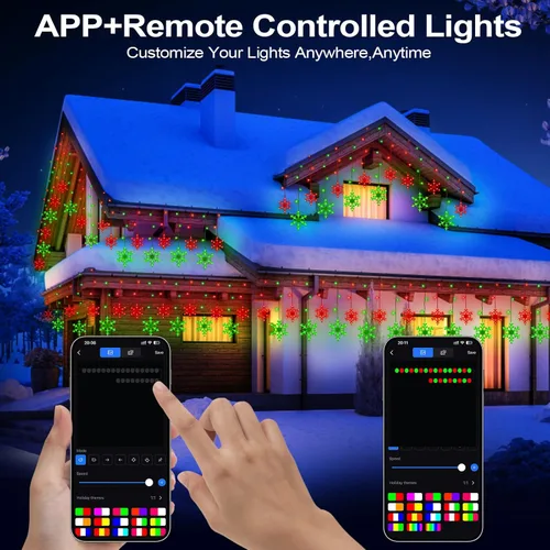 Vista 2 de Luces de Navidad inteligentes de copo de nieve, 156 luces LED de 12 gotas de 3.5 m, enchufe, control remoto por aplicación con 16 millones