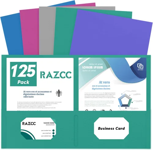 RAZCC - Carpetas de dos bolsillos, paquete de 125 carpetas de 2 bolsillos para papel tamaño carta, carpetas de papel con bolsillos para escuela,