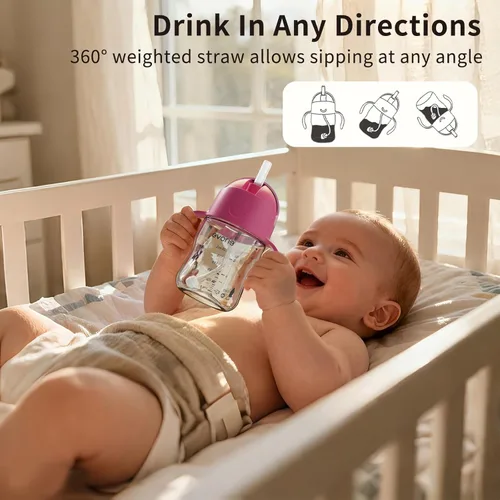 Vista 3 de Evorie Tritan - Vaso para beber con popote con peso con asas para bebés y niños pequeños, botella de agua a prueba de derrames con popote para 6