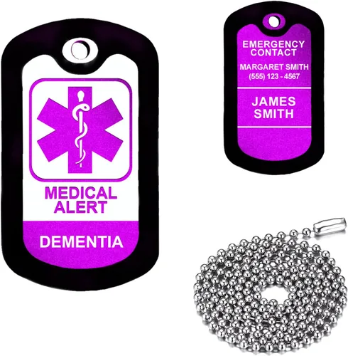 Vista 14 de Alerta médica morada, Alzheimer, etiqueta de identificación médica de aluminio personalizada con collar de acero inoxidable de 24 pulgadas