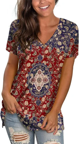 Vista 21 de Sipaya - Camiseta de mujer con cuello en V, básica, de ajuste suelto, manga corta, estilo casual