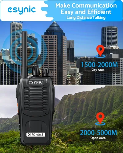 Vista 3 de eSynic Walkie Talkies recargables con auriculares, 2 radios bidireccionales de largo alcance de 16 canales USB de carga, transceptor de mano Walky
