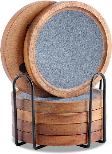 Vista 8 de Posavasos de madera para bebidas absorbentes con soporte, posavasos de fieltro rústico de 3.93 pulgadas para mesa de centro de madera para granja