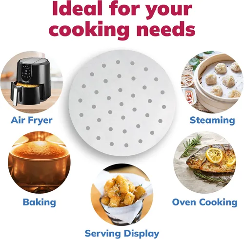 Vista 3 de Reli. Forros de papel pergamino para freidora de aire (400 unidades), color blanco, hojas desechables redondas de 9 pulgadas, papel pergamino