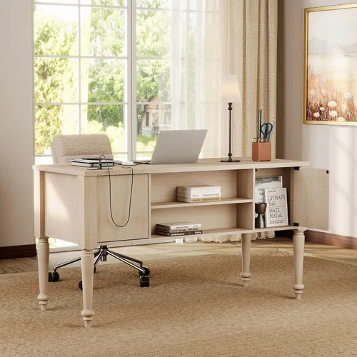 Vista 4 de WAMPAT Escritorio ejecutivo de madera con 5 cajones y estación de carga, beige, 56 pulgadas