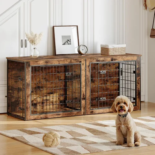 Vista 5 de HOOBRO Mueble de jaula para perros para 2 perros, mueble de jaula grande de 63" con divisor, jaula de interior de madera con soporte para TV