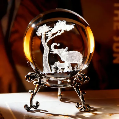 Vista 3 de Figuras de elefante de cristal láser 3D de 2.36 pulgadas para padres e hijos, bola de cristal pisapapeles con base de soporte, animales de cristal