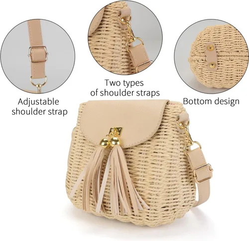 Vista 6 de MAXWISE Bolso de mano tejido de mimbre para mujer, bolso cruzado de ratán hecho a mano para mujer