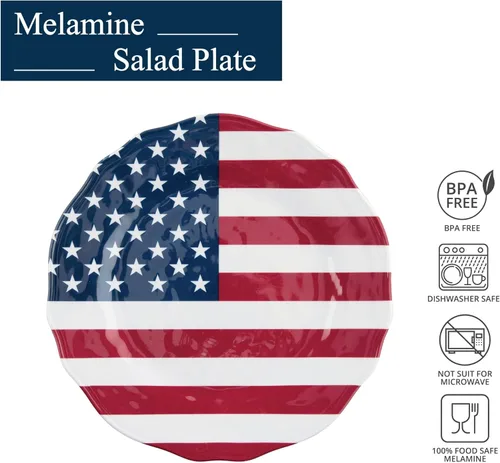 Vista 2 de UP UPware - Juego de 6 platos de ensalada de melamina con la bandera estadounidense para risotto, pasta y ensalada, sin BPA, aptos