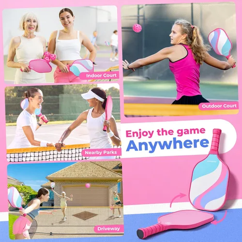 Vista 4 de AboveGenius USAPA - Juego de 2 palas de pickleball rosadas, juego estándar de bolas de fibra de vidrio con 2 bonitas raquetas de pickleball ligeras