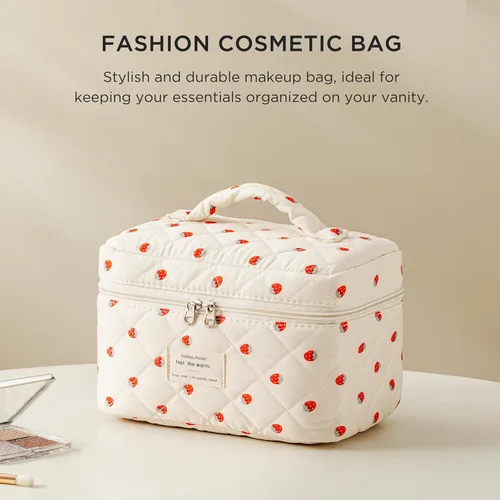 Vista 18 de HBselect Bolsa de Maquillaje Acolchada, Bolsa de Maquillaje Grande de Algodón para Viaje, Lindas Bolsas de Maquillaje con Flores Coquette, Bolsas