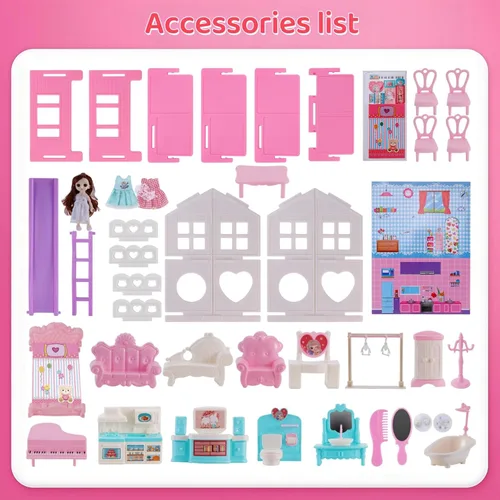 Vista 3 de Casa de muñecas, con sala de estar, dormitorio, baño, muebles de cocina, casa de muñecas de doble cara con 1 muñeca, 3 juegos de ropa, luces
