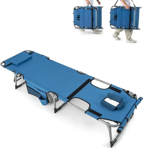 Vista 10 de Goplus Silla de bronceado, silla plegable de playa al aire libre con agujero para cara y brazo, correa de transporte, almohada, silla de descanso