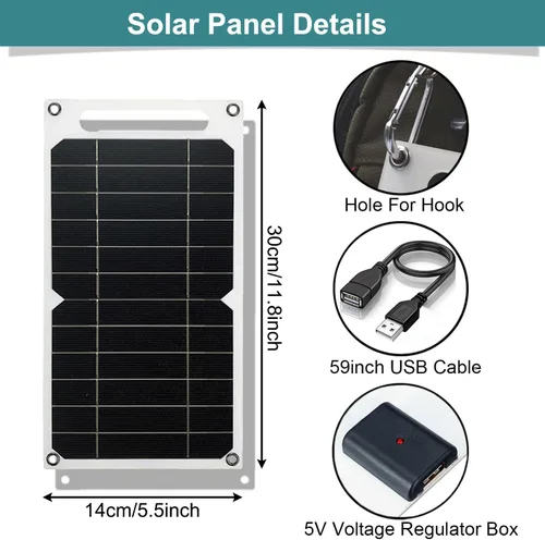 Vista 2 de Mini 5V 6W Panel Solar USB, Cargador Solar Portátil de 5 Voltios 6 Vatios de Alta Eficiencia Monocristalino con Cable de 55 Pulgadas para Celular