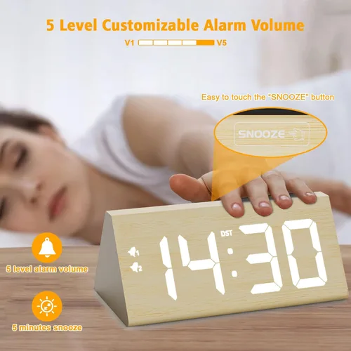 Vista 4 de Reloj despertador digital de madera con puertos de carga USB duales, DST, regulable, repetición, reloj LED moderno con pantalla de tiempo grande