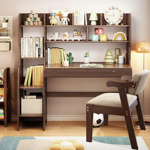 Juego de escritorio y mesa y silla para niños con cajones y estantería de madera para niños, escritorio multimedia para estudiantes, estación de