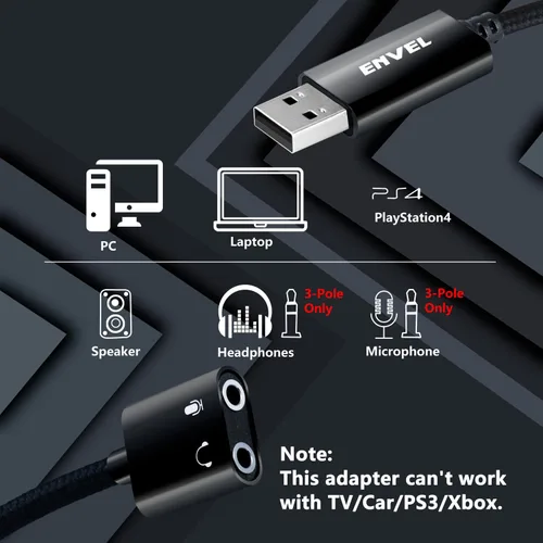 Vista 2 de ENVEL Adaptador de audio USB a 0.138 in, tarjeta de sonido estéreo externa con doble TRS de 3 polos de 0.138 in para auriculares y micrófono