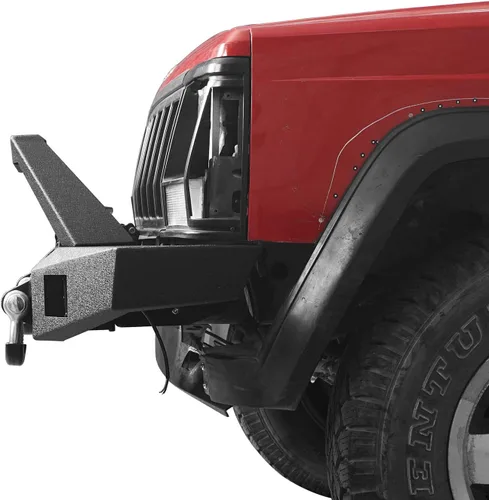 Vista 4 de Hooke Road XJ Parachoques delantero con placa de cabrestante para Jeep Cherokee XJ 1984-2001, parachoques de cabrestante de acero con luces LED