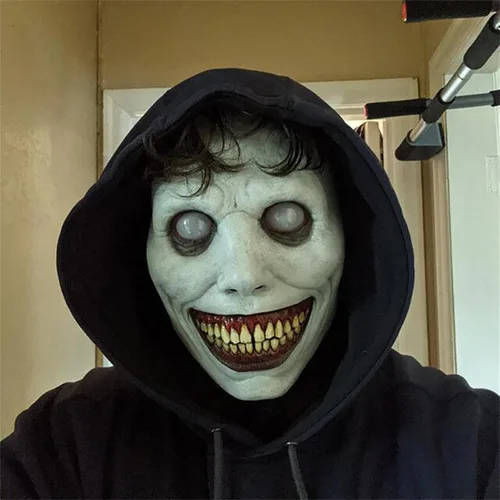Vista 3 de Máscara de Halloween de terror de demonios sonrientes, máscara de terror más aterradora, máscara blanca espeluznante con ojo para cosplay, Blanco