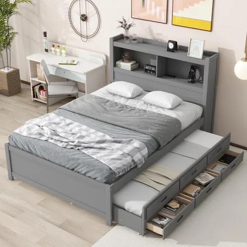 Vista 24 de RUNNA Elegante cama de plataforma de tamaño Queen con estantes extraíbles, cama de almacenamiento de madera con nido de tamaño individual