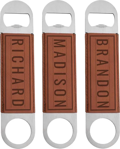 Vista 9 de Juego de 6 abrebotellas personalizados, diseño de cuero inoxidable, 10 diseños, marrón, despedida de soltero y regalo de boda