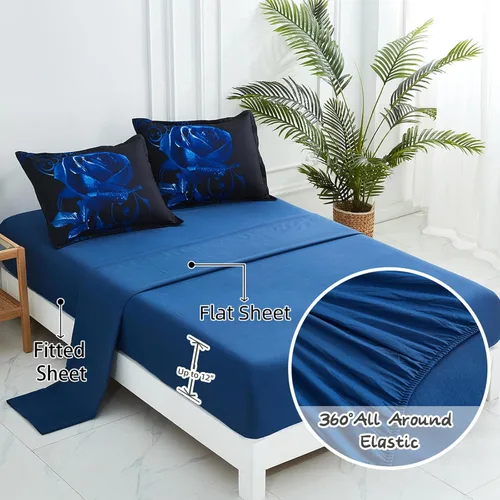 Vista 4 de Xruibed Juego de edredón azul de 7 piezas en una bolsa, juego de cama completo, edredón con diseño de rosas azules, juego de ropa de cama reversible
