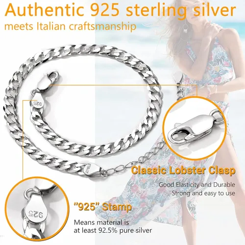 Vista 4 de PROSILVER Tobilleras de plata de ley 925 para mujer, elegantes tobilleras de cadena, joyería de playa de verano, ajustable de 8.6 a 10.6 pulgadas