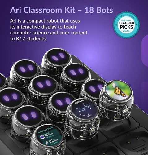 Vista 4 de Ozobot Kit de aula Ari (18 bots) Robot de aprendizaje interactivo con pantalla táctil, sensor ToF, acelerómetro, giroscopio e integración de IA