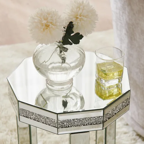 Vista 89 de HomVent Mesita de noche con espejo, mesa auxiliar con espejo, mesa de noche pequeña de cristal plateado para dormitorio, sala de estar