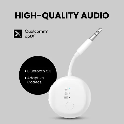 Vista 4 de Avantree SoundJet R1 - Adaptador Bluetooth de avión de 25 horas para todos los AirPods (Pro/Max) con chipset Qualcomm y aptX Adaptive, transmisor