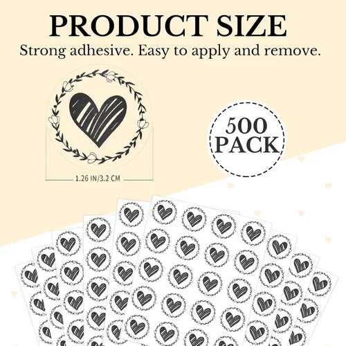 Vista 2 de Zonon 500 sellos transparentes de corazón para sobre, calcomanías de corazón de boda, calcomanías de amor, calcomanías de amor redondas de 1.26 Negro