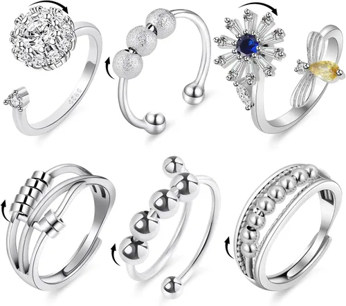 Aucuu 6PCS Anillos Fidget Anti Ansiedad para Mujeres, Anillo Abierto Ajustable, Anillos de Diamantes de Circonita Cúbica CZ, Anillos de Cuentas