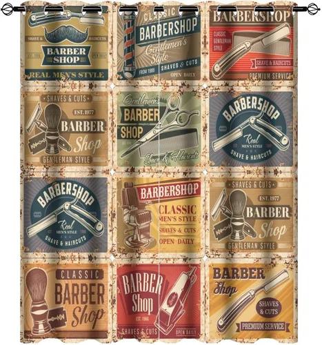 Vista 14 de Cortinas abstractas de peluquería para dormitorio, barbería elegante con herramientas de peluquería, aislamiento térmico, oscurecimiento