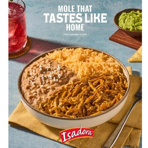 Vista 5 de Isadora Pollo con Mole 15 oz totalmente cocido, listo para comer, no necesita refrigeración. Sin gluten, comida mexicana, hecho con 100% pollo.