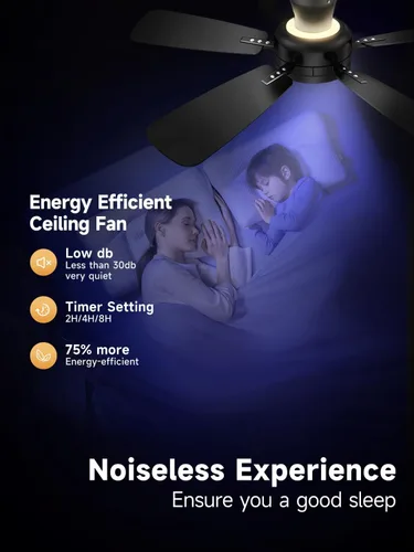 Vista 3 de TALOYA Ventiladores de techo con luces y control remoto, ventilador de techo de perfil bajo de 46 pulgadas con luz, montaje al ras, reversible, Negro