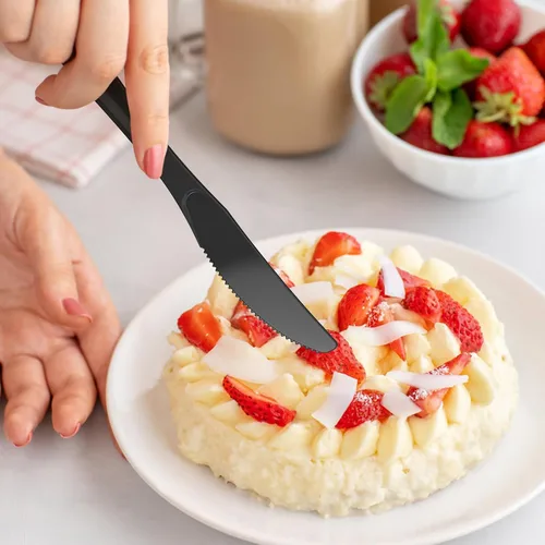 Vista 5 de Dealusy 360 cuchillos de plástico negro extra resistentes, desechables, sin BPA, resistentes al calor, cuchillos desechables sólidos y duraderos a