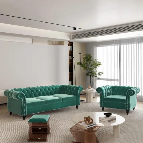 Vista 39 de Juego de 2 piezas para sala de estar, sofá loveseat Chesterfield de terciopelo con silla, brazos enrollados y tachuelas para sala de estar, oficina