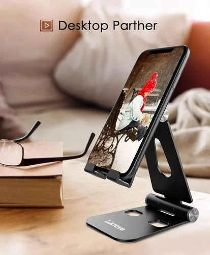 Vista 2 de Soporte para teléfono celular, soporte de teléfono de escritorio ajustable actualizado, totalmente plegable, compatible con funda gruesa, aluminio