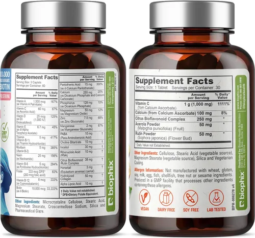 Vista 8 de Complejo para el cabello, piel y uñas, 180 cápsulas con 10000 mcg de biotina, sin vitamina C-1000, 30 tabletas, multivitamínico que apoya las uñas