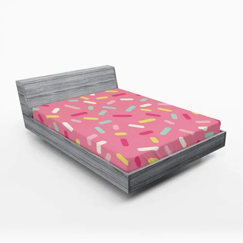 Ambesonne Sábana bajera color rosa y blanco, patrón abstracto de colores de rosquillas con tema de panadería, ropa de cama de tela decorativa suave,