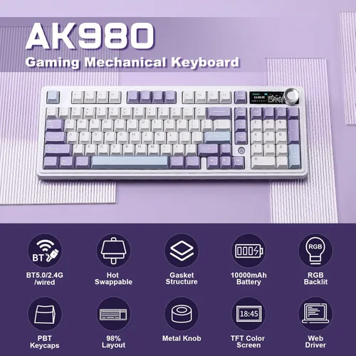Vista 2 de AJAZZ AK980 Teclado mecánico con pantalla inteligente y perilla, teclado inalámbrico 98% Tri-Mode BT2.4GUSB-C, intercambiable en caliente, teclas