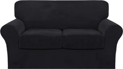 Vista 26 de FantasDecor Fundas de terciopelo para sofá de 2 piezas para sala, con cojín individual, protector elástico de muebles para mascotas, lavable a Negro