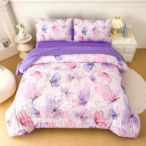 Vista 18 de MWMWMW Juego de edredón de mariposas para niñas, juego de ropa de cama estampado de mariposas rosa y morado, juego de ropa de cama de mariposas de 5
