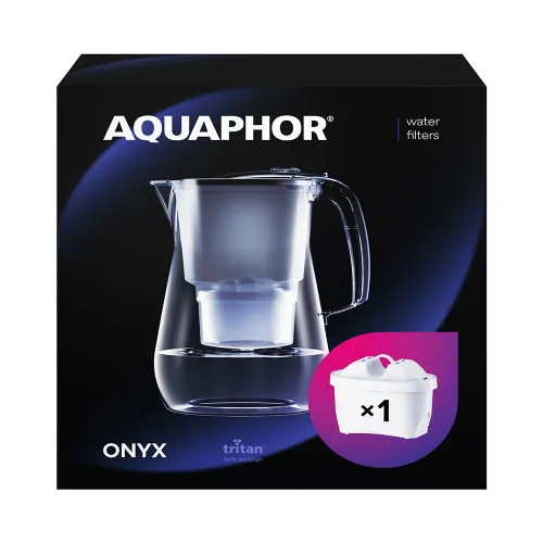 AQUAPHOR Onyx Black - Jarra con filtro de agua, diseño de encimera con capacidad de 4.2 litros, 1 filtro MAXFOR+ incluido que reduce el cloro de cal
