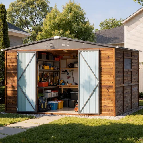 Vista 11 de EUHOME - Cobertizo de almacenamiento para exteriores de 3x5 pies, de madera maciza y acero, con puertas dobles con cerradura y ventanas